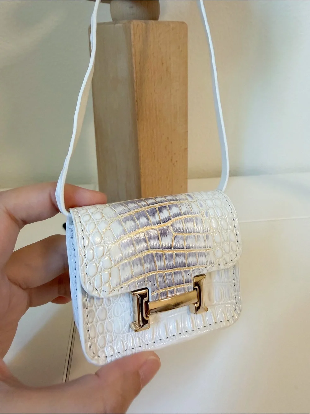 Genuine Leather White Gray Croc Embossed Mini Bag Charm